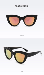 Front and side view of retro cat-eye sunglasses with black frames and pink mirror lenses