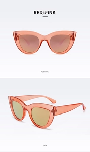 Detail of trendy retro cat-eye sunglasses with red translucent frames and reflective lenses