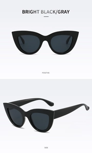 Front and side view of vintage cat eye sunglasses with bright black frame and gray lens