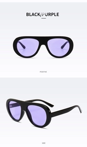Front and side views of oversized black sunglasses with purple transparent lenses