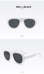 Front and 45-degree side views of white oversized sunglasses with dark lenses