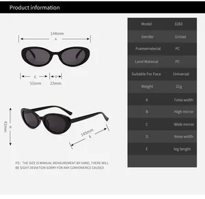 Size chart for 3283 oval sunglasses showing frame width 144mm and PC lens material specs