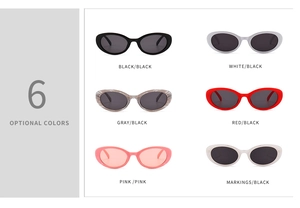Matrix display of small oval sunglasses showing six color variants with dark lenses