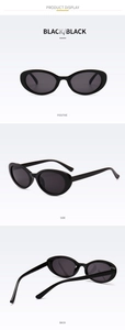 Multi-angle view of black oval retro sunglasses showing positive, side, and back displays