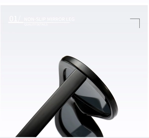 Detail of high-gloss black sunglasses frame showing the non-slip mirror leg design