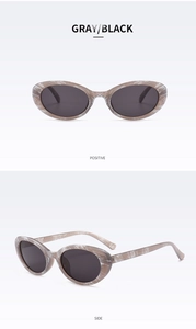 Detail view of oval wood-grain sunglasses in gray and black with positive and side angles