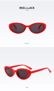 Detail view of red oval sunglasses with black lenses showing front and side perspectives