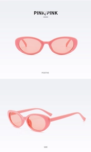 Detailed front and side views of small oval pink sunglasses with retro resin frames