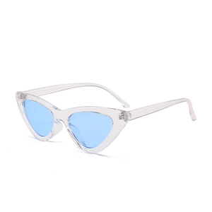 Cat eye sunglasses with transparent frames and light blue lenses in a 45-degree angle view