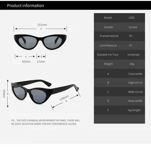 Detailed size guide for cat eye sunglasses model 1502 with precise frame measurements