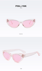 Front and side view of trendy pink cat eye sunglasses with transparent frames