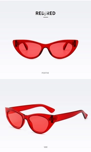Detailed front and side views of red translucent cat eye sunglasses with uniform color