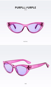 Front and side views of stylish purple translucent cat eye sunglasses with tinted lenses