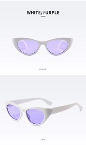 Detailed front and side views of white cat-eye sunglasses with purple lenses