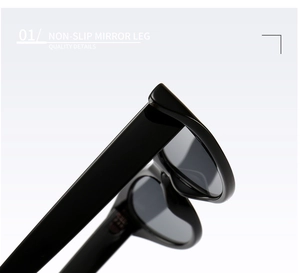 Detail of the high-quality non-slip temple leg on these stylish black cat-eye sunglasses