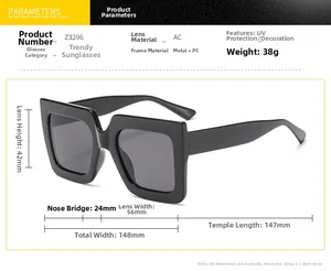 Detailed size specifications of oversized square sunglasses with AC lenses and PC frame