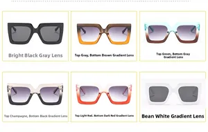 Detailed display of square oversized sunglasses in six gradient color variations