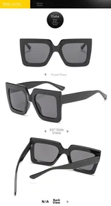 Three-angle view of bright black square sunglasses with grey lenses in high-gloss plastic