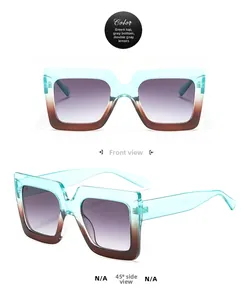 Dual-view of square oversized sunglasses with green and brown gradient frame and gray lenses