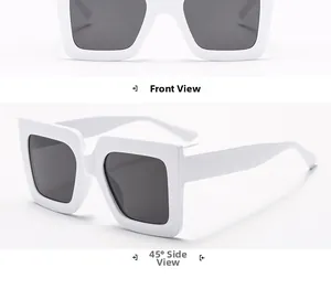 Detailed front and 45-degree side views of white square oversized fashion sunglasses