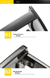Detailed close-up of square sunglasses showing reinforced metal hinges and smooth black frame