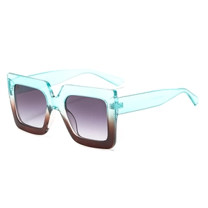 Fashionable square frame sunglasses with gradient green to brown frames and purple lenses