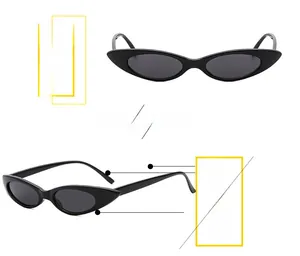 Front and side views of vintage black cat-eye sunglasses with narrow frame design