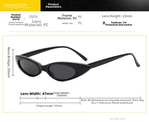Detailed size chart for black cat eye sunglasses showing frame width and lens height