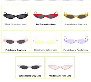 Detailed display of 8 small cat eye sunglasses color options with vintage narrow frames