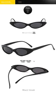 Detailed views of small cat eye sunglasses with black frames and grey lenses from three angles