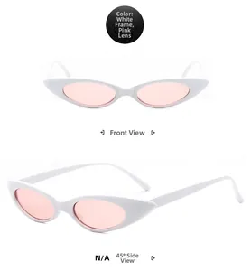 Detailed front and 45-degree angle views of vintage slim white cat eye sunglasses with pink lenses