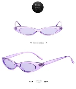 Detail view of transparent purple cat eye sunglasses with narrow vintage frame and lenses
