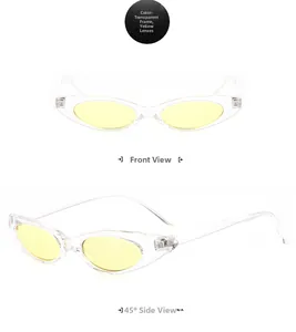 Detailed front and side views of trendy cat eye sunglasses with yellow lenses