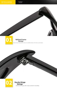Close-up of reinforced hinges and temple joints on black cat eye sunglasses
