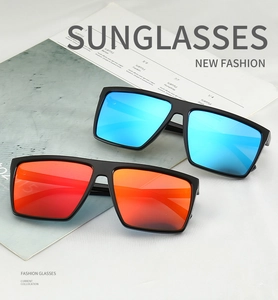 Close-up of stylish large frame polarized sunglasses with blue and red mirror lenses