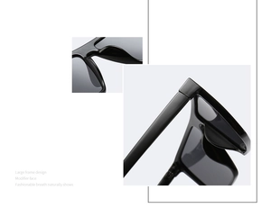 Detail of sturdy hinge and thick temples on black polarized oversized square sunglasses