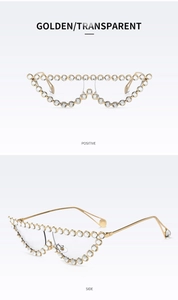 Détail de lunettes de soleil œil de chat avec strass et branches dorées fines