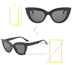 Detail of oversized black cat-eye sunglasses with thick frames and dark lenses
