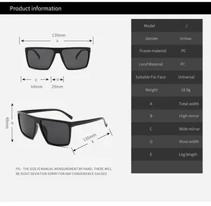 Detailed size chart for square polarized sunglasses with precise dimension measurements