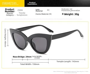 Detailed dimension guide for black cat-eye sunglasses featuring UV protection and PC frame