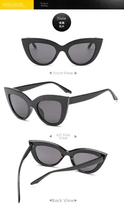 Detailed views of shiny black cat-eye sunglasses with grey lenses from three different angles