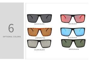 Collage showing six color options for men's polarized square frame sunglasses with tinted lenses