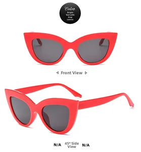Red cat eye sunglasses with grey lenses showing front and side views on white background