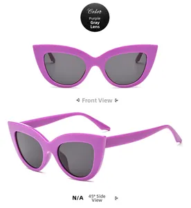 Detailed front and side view of purple cat eye sunglasses with grey lenses