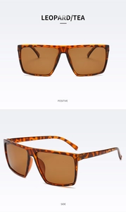 Detailed front and side views of oversized leopard print sunglasses with tea lenses