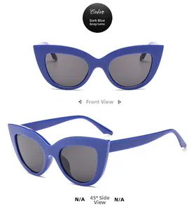 Detailed views of stylish cat-eye sunglasses in navy blue frame with grey lenses