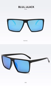 Close-up of polarized blue mirror lenses on black square-frame sunglasses for men