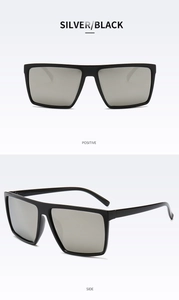 Front and side views of oversized square polarized sunglasses with silver mirrored lenses