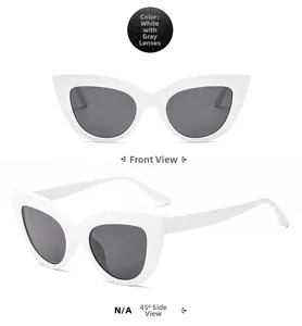 Detailed front and side view of white cat eye oversized sunglasses with grey lenses