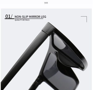 Detail view of non-slip mirror legs on trendy black square men's polarized sunglasses